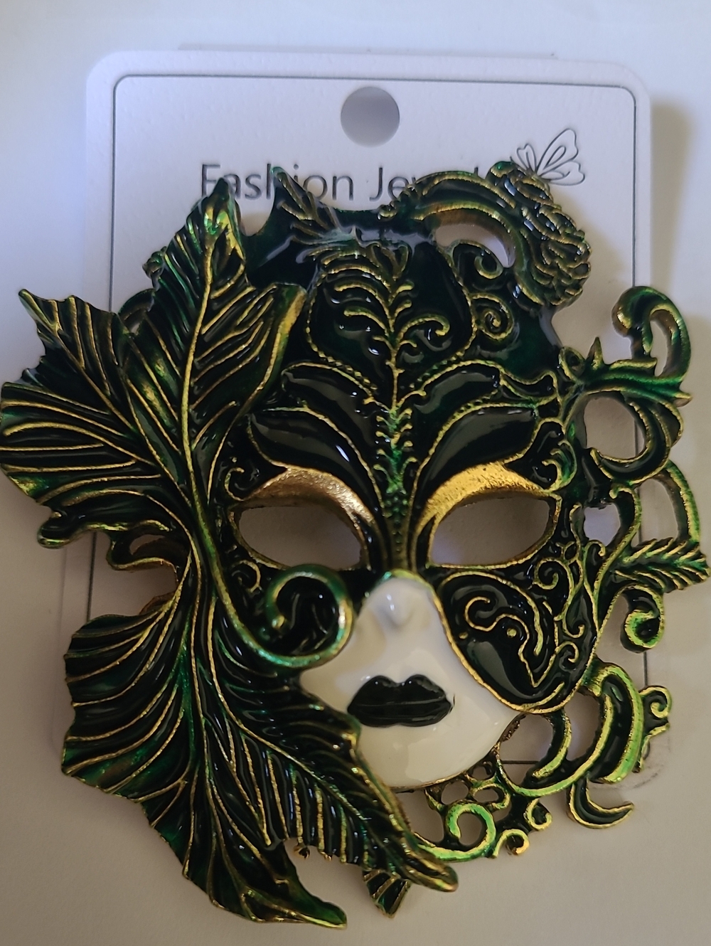 Ornate Venetian Style Decorative Brooch Masquerade Mask in  Green and Gold